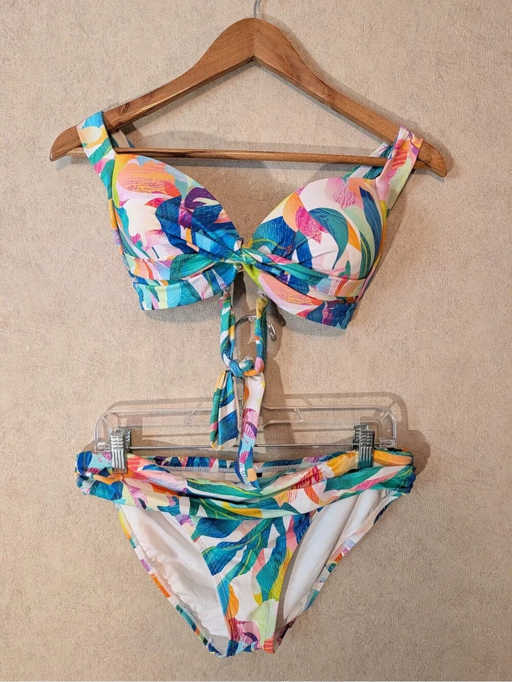 LA BLANCA blue pink white leaf pattern bikini set sz S